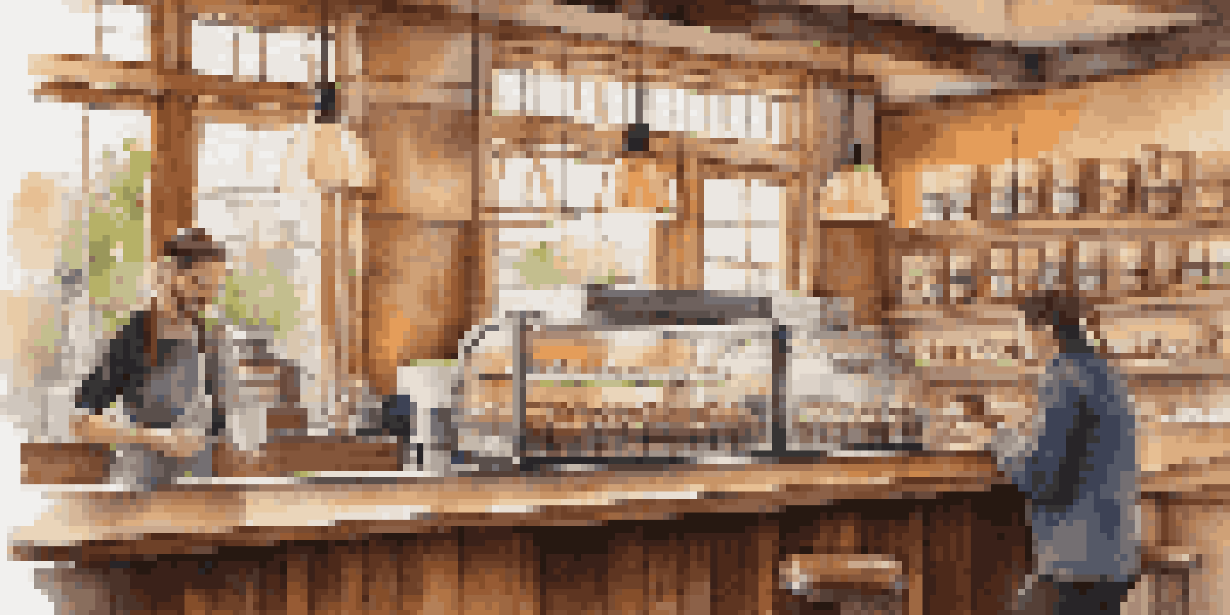 A warm and inviting coffee shop with a barista serving a customer, showcasing a cozy interior with wooden textures and natural light.