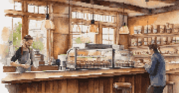 A warm and inviting coffee shop with a barista serving a customer, showcasing a cozy interior with wooden textures and natural light.