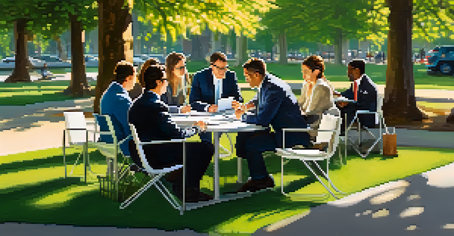 A diverse group of professionals having a meeting outdoors in a park, surrounded by sunlight and greenery.