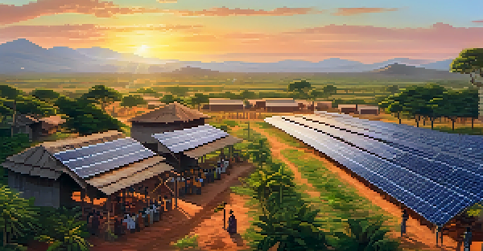 A solar energy farm in an African village at sunset, with villagers and lush greenery.
