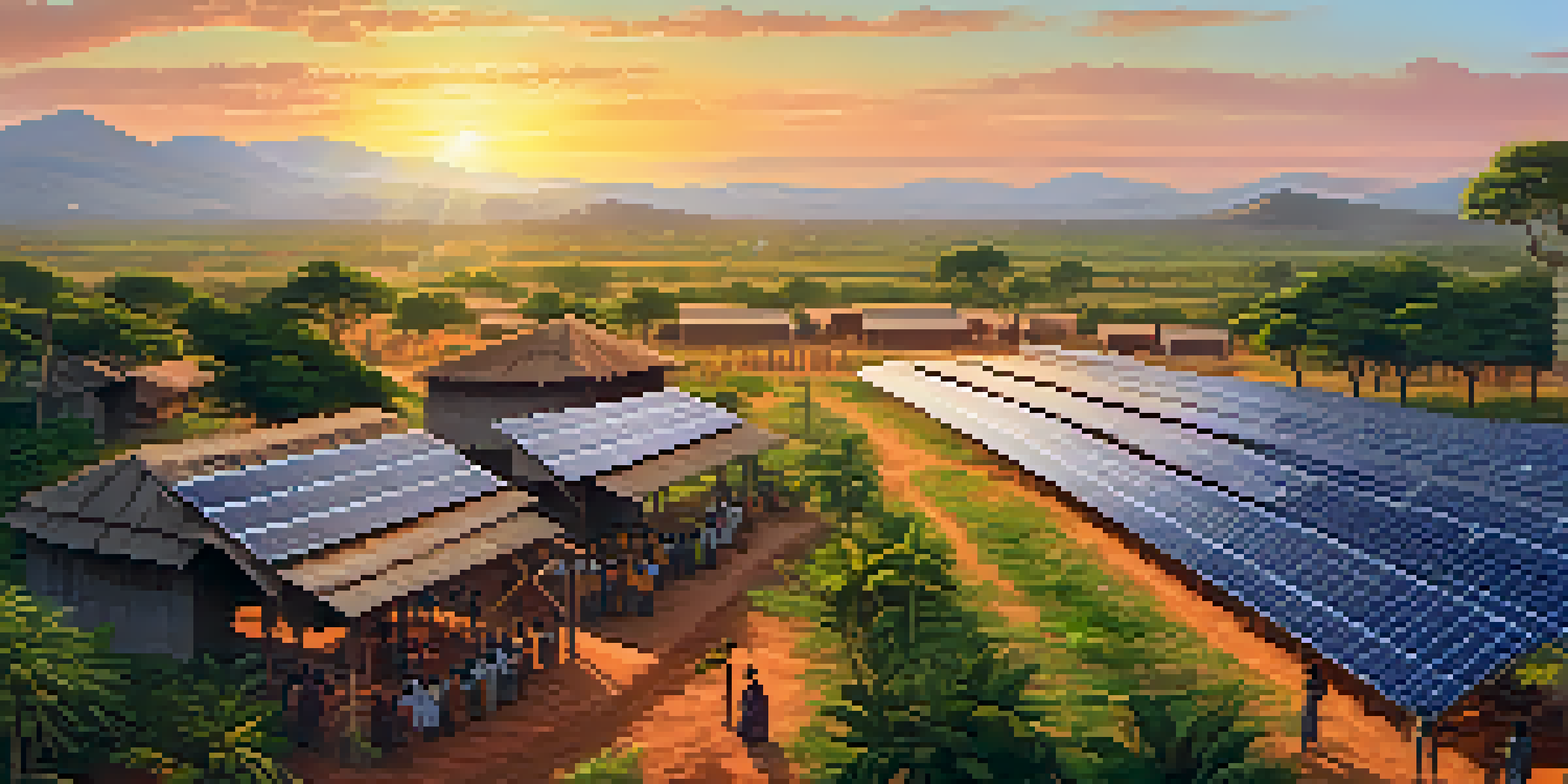 A solar energy farm in an African village at sunset, with villagers and lush greenery.