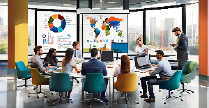 A diverse team of professionals working together in a bright office meeting room, surrounded by charts and laptops.