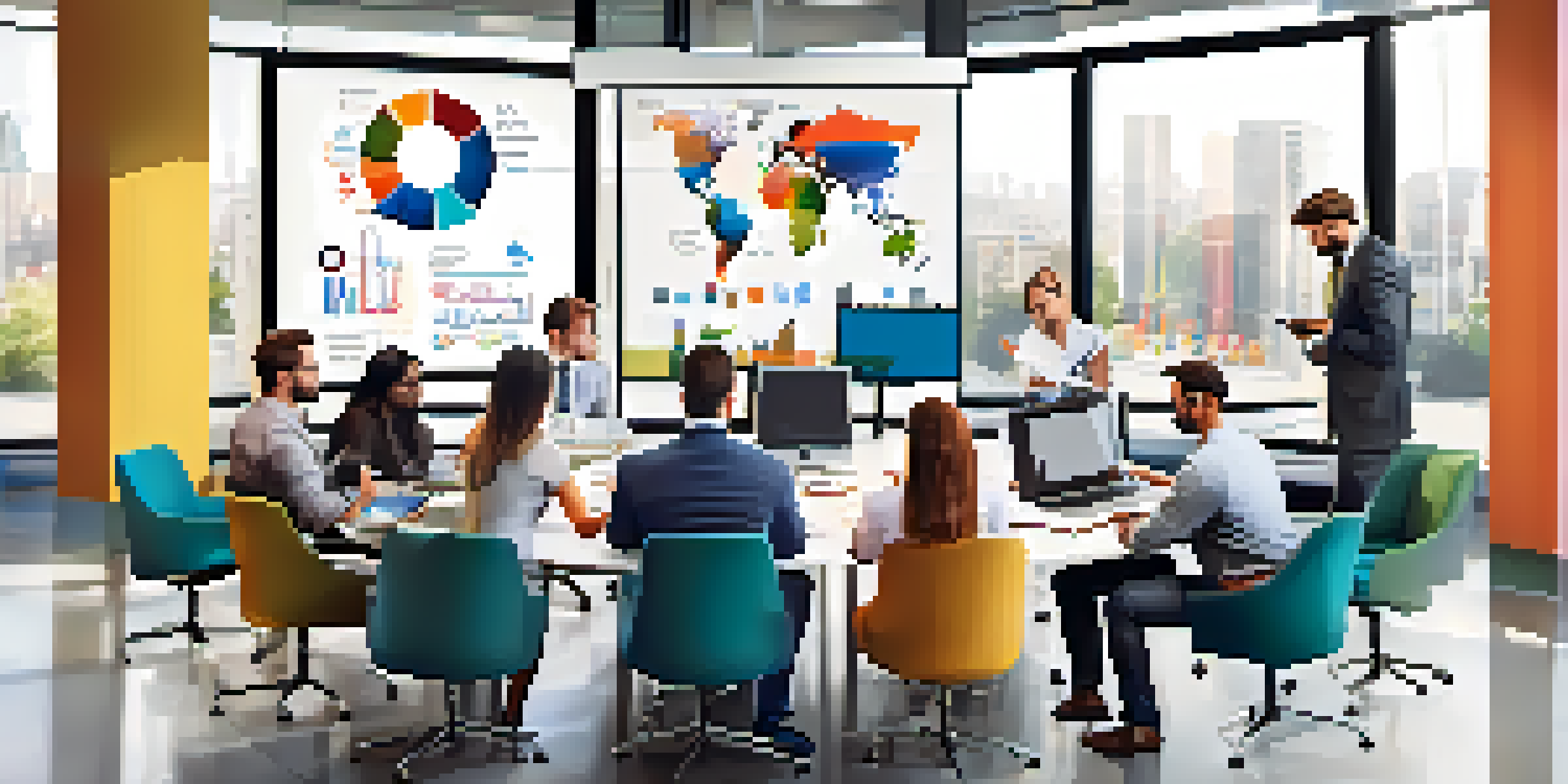 A diverse team of professionals working together in a bright office meeting room, surrounded by charts and laptops.