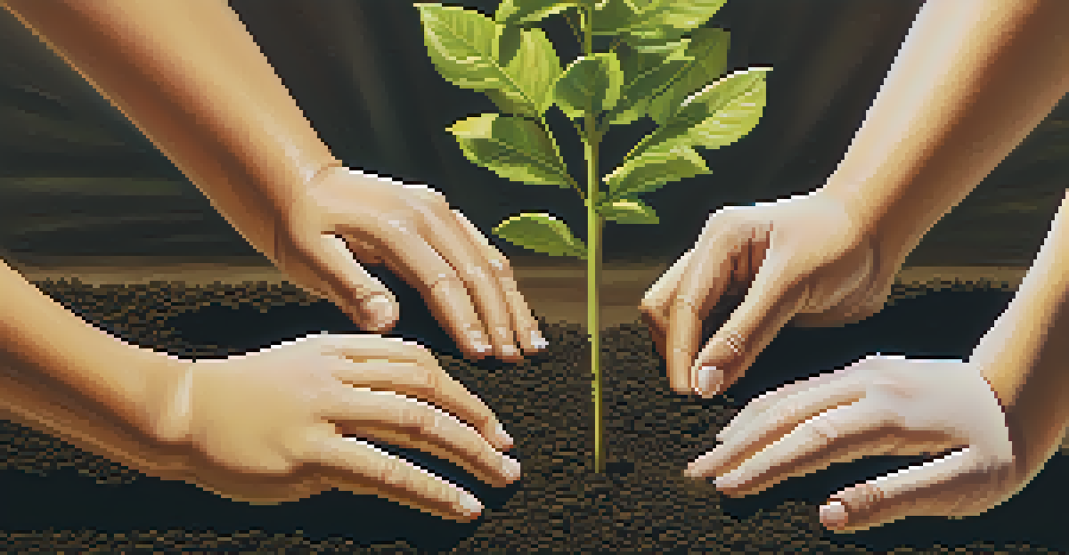 Diverse hands planting a young tree in a park during sunset, symbolizing community and environmental care.
