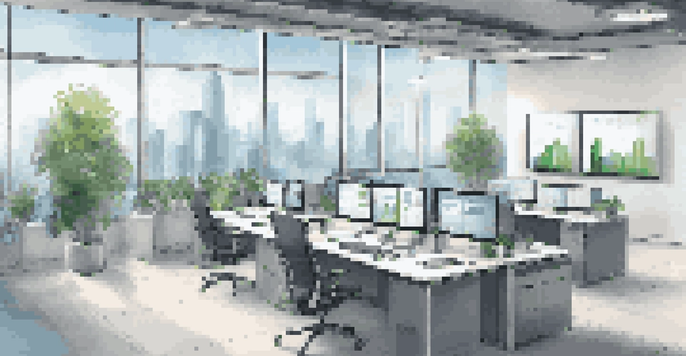 A modern office with a high-tech CRM dashboard on multiple screens, bright city view through windows, and green plants.