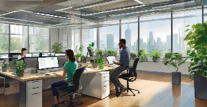 A diverse team in a bright office discussing data strategies, surrounded by plants and digital devices.