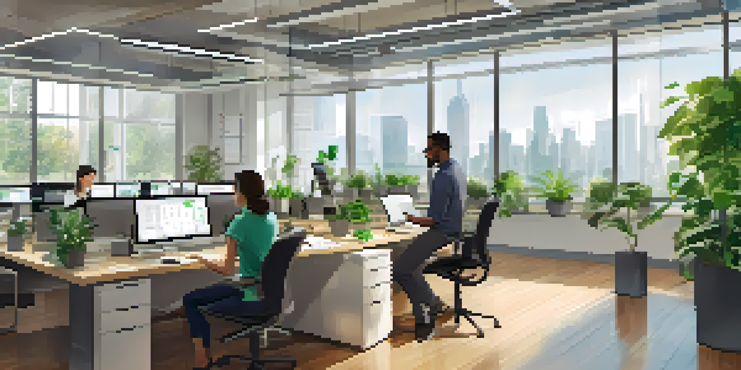 A diverse team in a bright office discussing data strategies, surrounded by plants and digital devices.