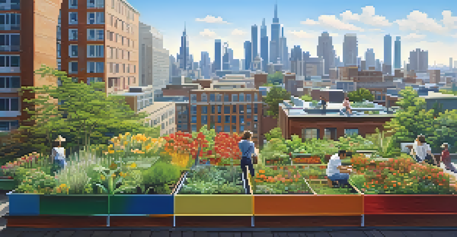 A rooftop garden in the city with people gardening, surrounded by skyscrapers under a blue sky.