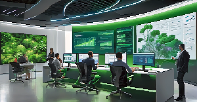 A modern marketing office with professionals using AI tools to analyze data and trends.