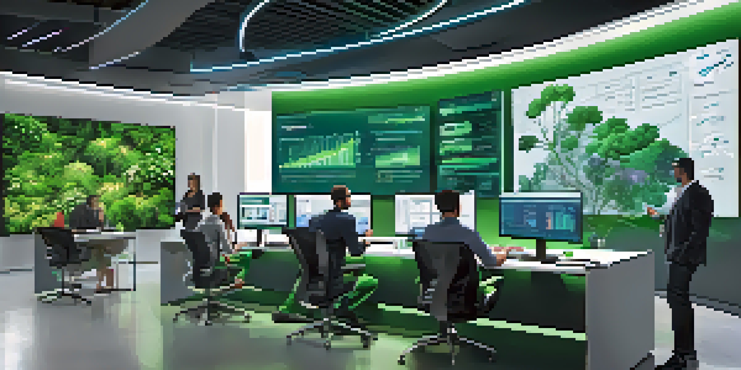 A modern marketing office with professionals using AI tools to analyze data and trends.