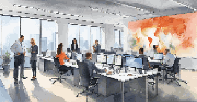 A diverse team of professionals working together in a modern office space, featuring laptops and cloud computing graphics, illuminated by natural light.