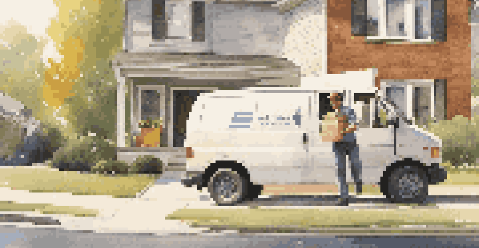 A delivery van in front of a house with a delivery person handing a package to a customer.