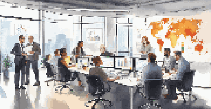 A diverse group of professionals in a bright office discussing business strategies around a conference table, with charts on a screen.