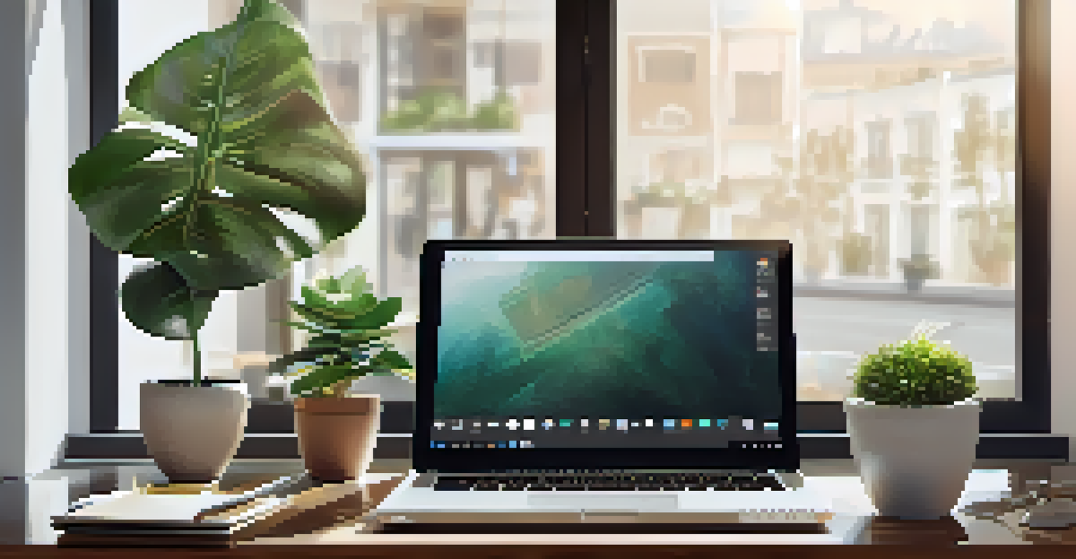A modern workspace with a laptop, coffee, and notebook, illuminated by natural light from a window.