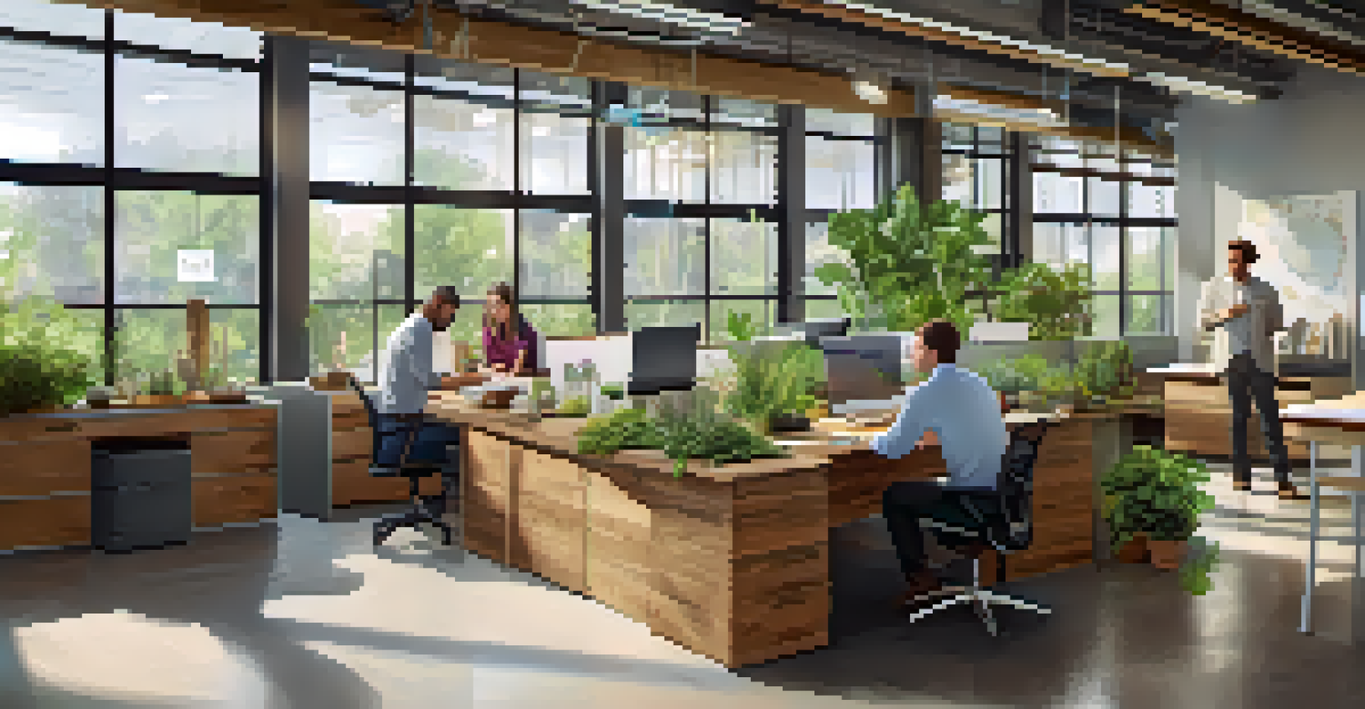 An eco-friendly office space with natural light, indoor plants, and employees working together at a recycled wood table.