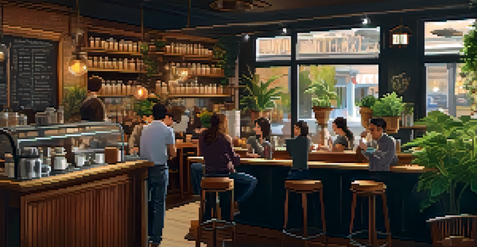 A warm and inviting coffee shop interior with customers enjoying their drinks and a barista preparing coffee.