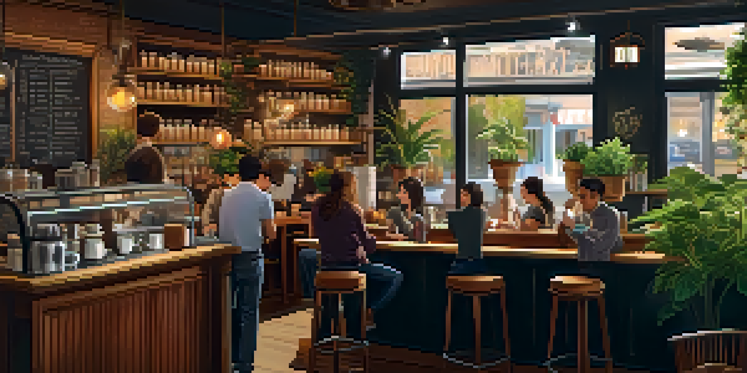 A warm and inviting coffee shop interior with customers enjoying their drinks and a barista preparing coffee.