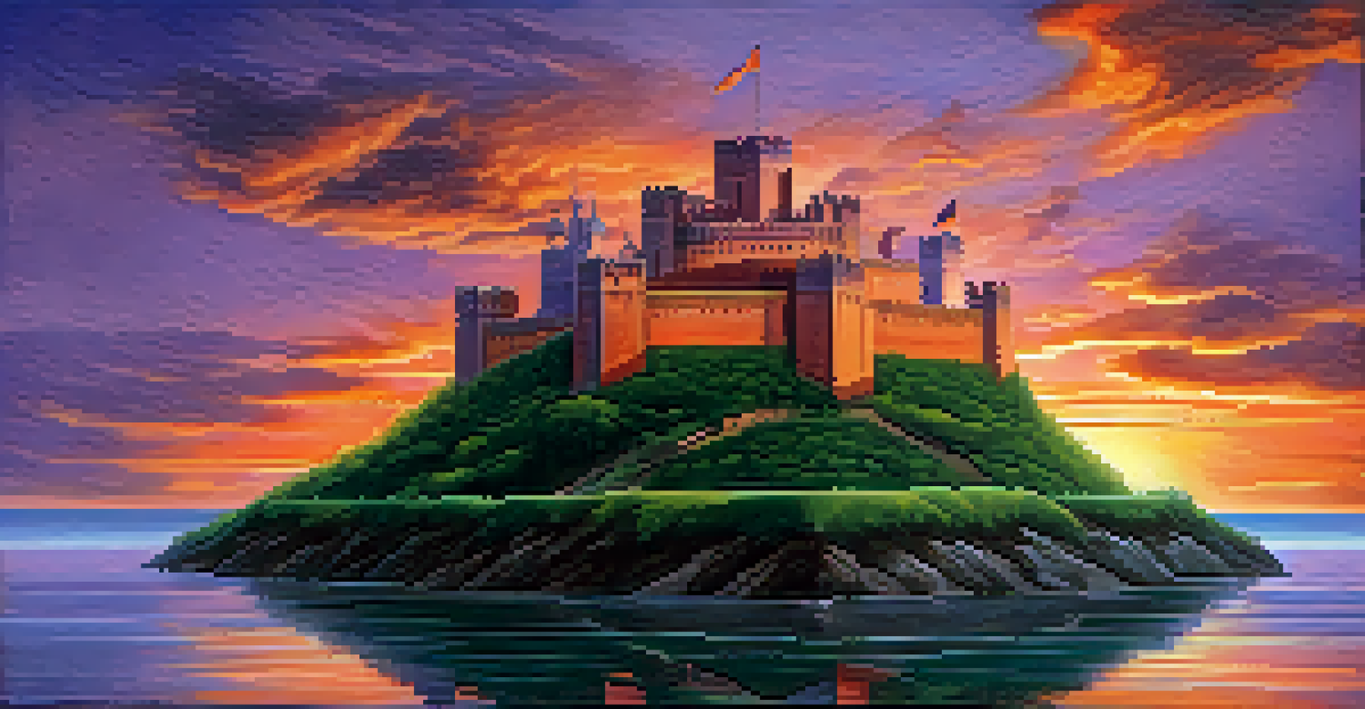 A fortress made of books surrounded by a moat, illustrating the protection of trade secrets, against a colorful sunset backdrop.