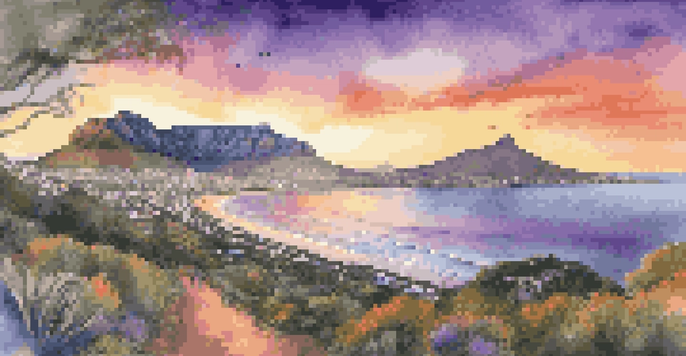 A scenic sunset view of Table Mountain in Cape Town, with colorful skies and people on a hiking trail.