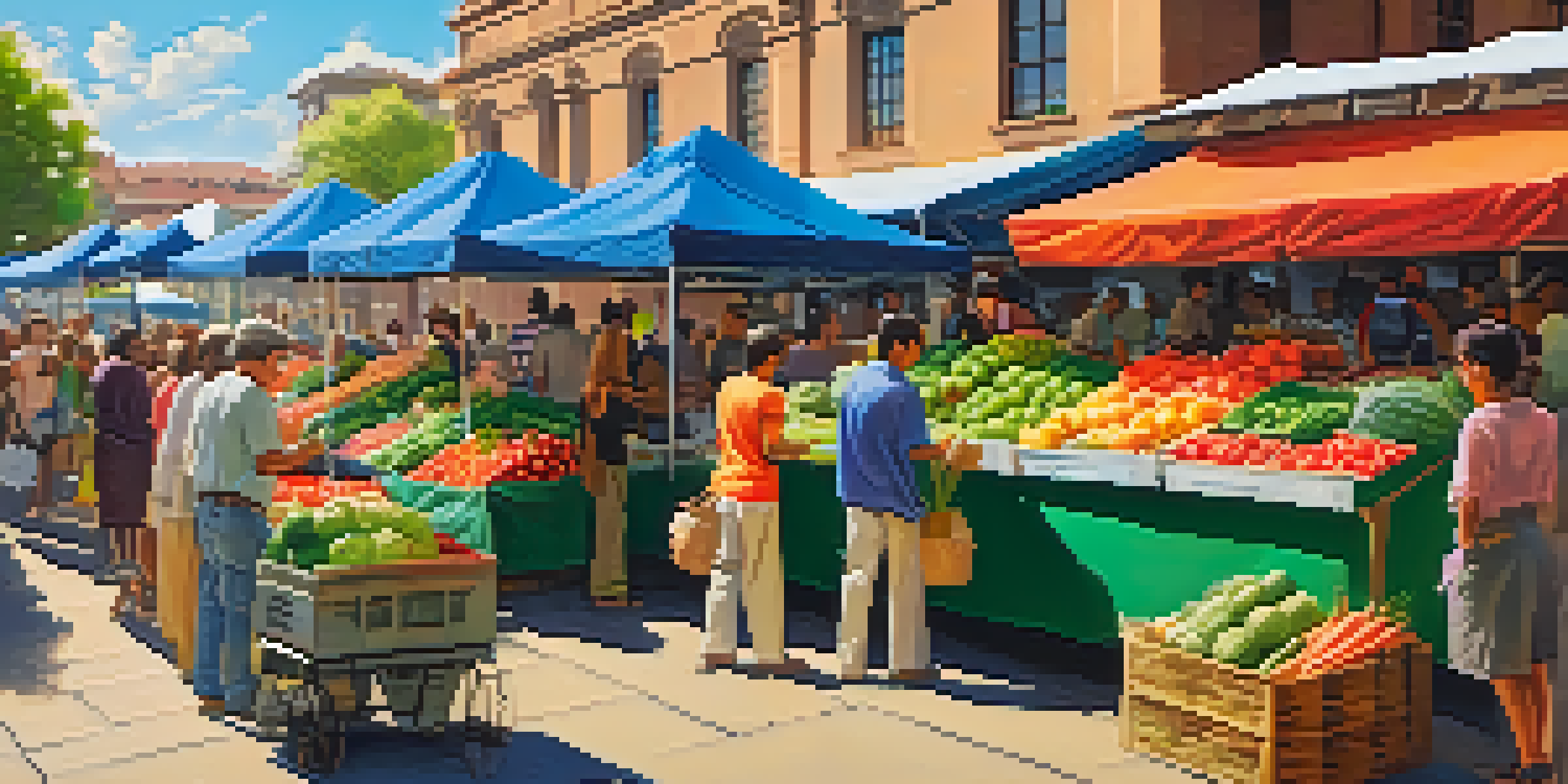 A bustling outdoor market with various people talking and colorful fruit and vegetable stalls under a sunny sky.