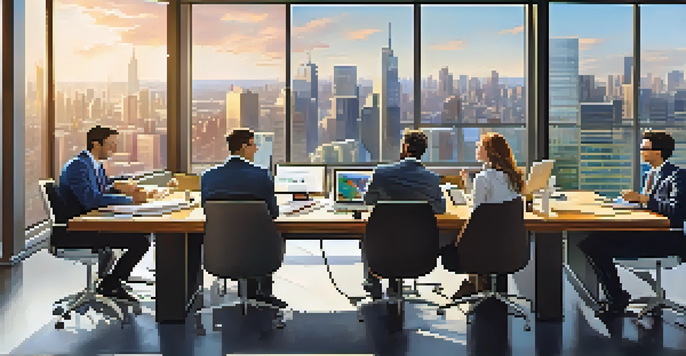 A diverse group of professionals collaborating at a large table filled with technology devices, with a city skyline in the background, symbolizing a vibrant business ecosystem.