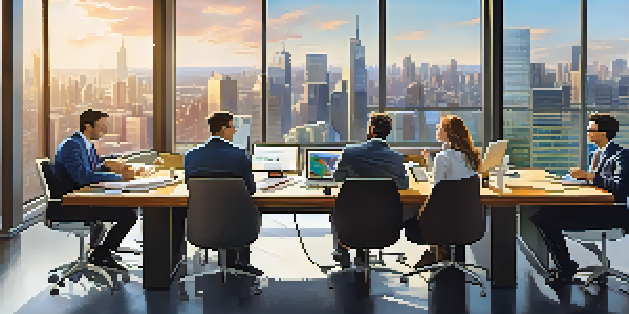 A diverse group of professionals collaborating at a large table filled with technology devices, with a city skyline in the background, symbolizing a vibrant business ecosystem.