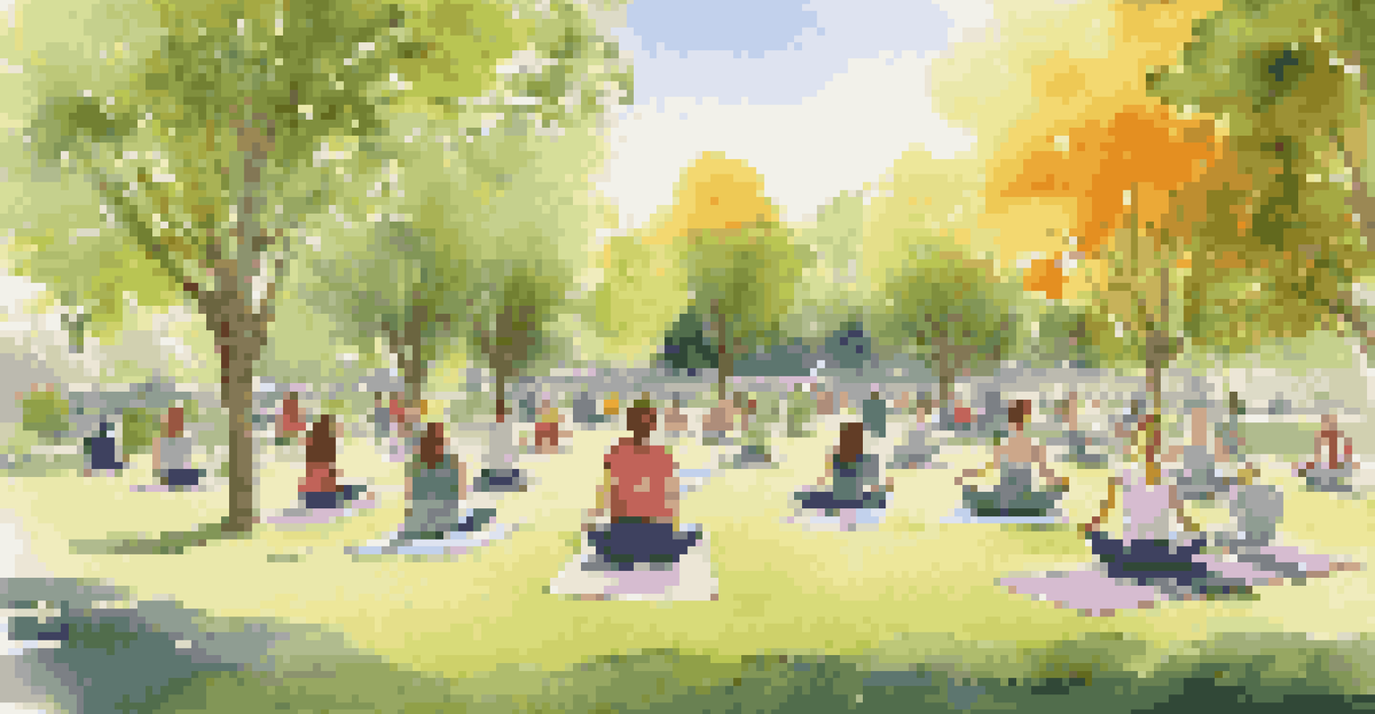 Employees enjoying a team-building day in a park, participating in yoga and relaxation activities under a sunny sky.