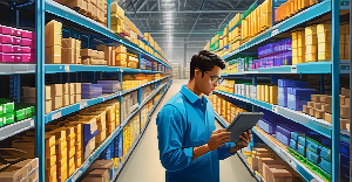 A warehouse with organized shelves and a worker using a tablet, with a robotic arm picking items.