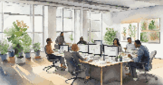 A diverse team collaborating in a bright office setting, emphasizing transparency and teamwork.