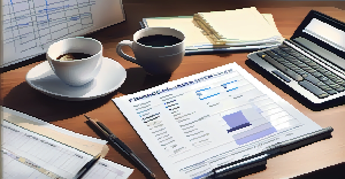 A wooden desk with financial reports, a calculator, a cup of coffee, and a notepad, all illuminated by natural light.