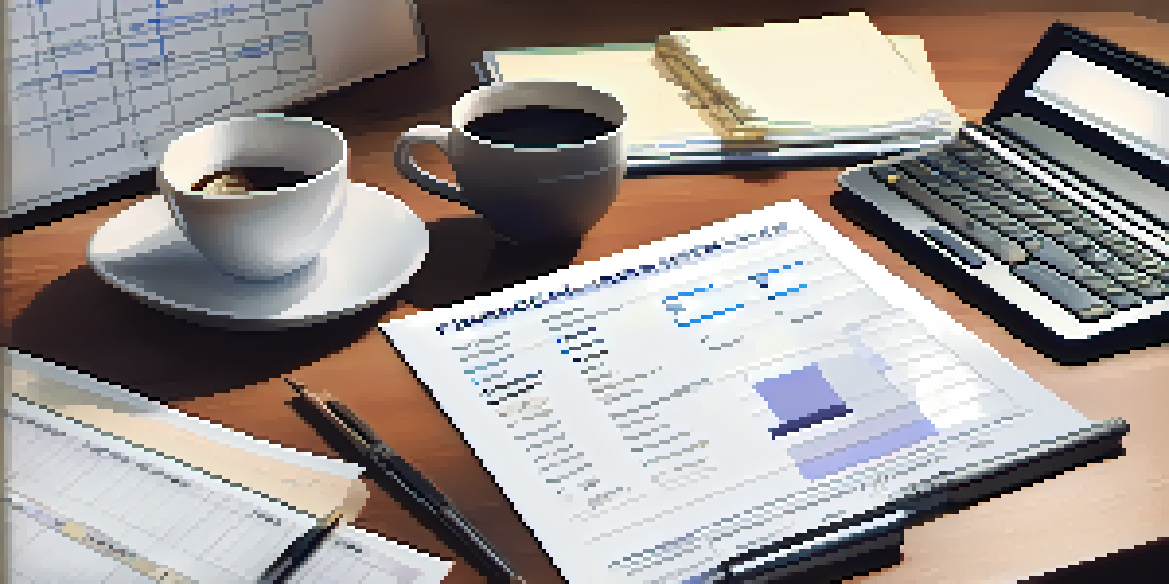 A wooden desk with financial reports, a calculator, a cup of coffee, and a notepad, all illuminated by natural light.