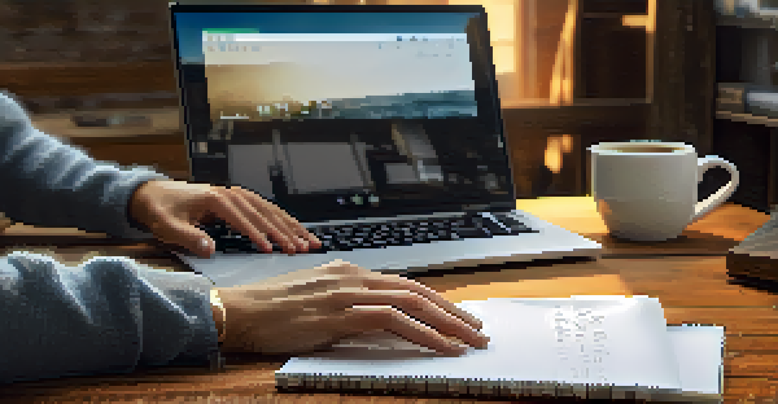 Close-up of hands typing on a laptop in a cozy home office setting with a coffee cup.