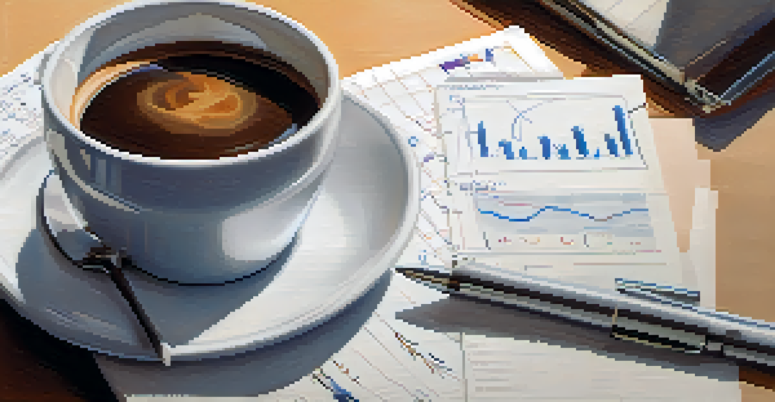 A close-up of a hand writing on a notepad with financial charts and a cup of coffee in a softly lit workspace.
