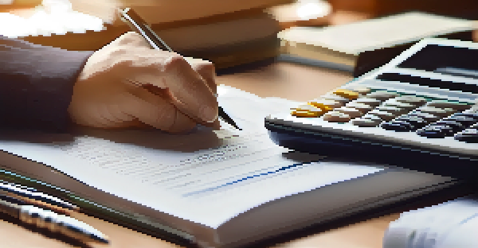 Hands writing on a financial planning document with a calculator and investment books blurred in the background.