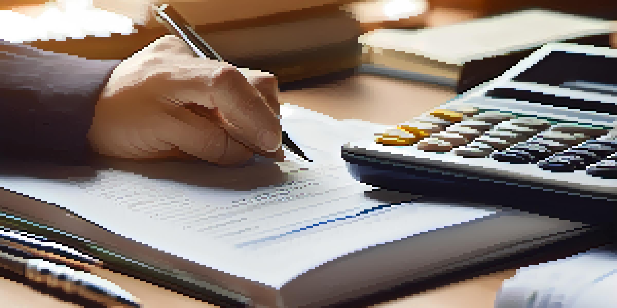 Hands writing on a financial planning document with a calculator and investment books blurred in the background.