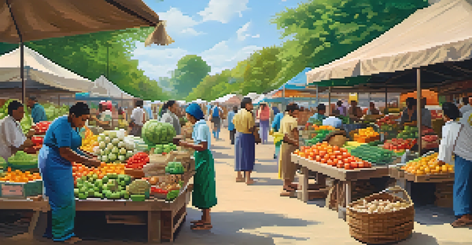 A lively market with vendors selling colorful fruits, vegetables, and handmade goods, surrounded by happy customers and greenery.