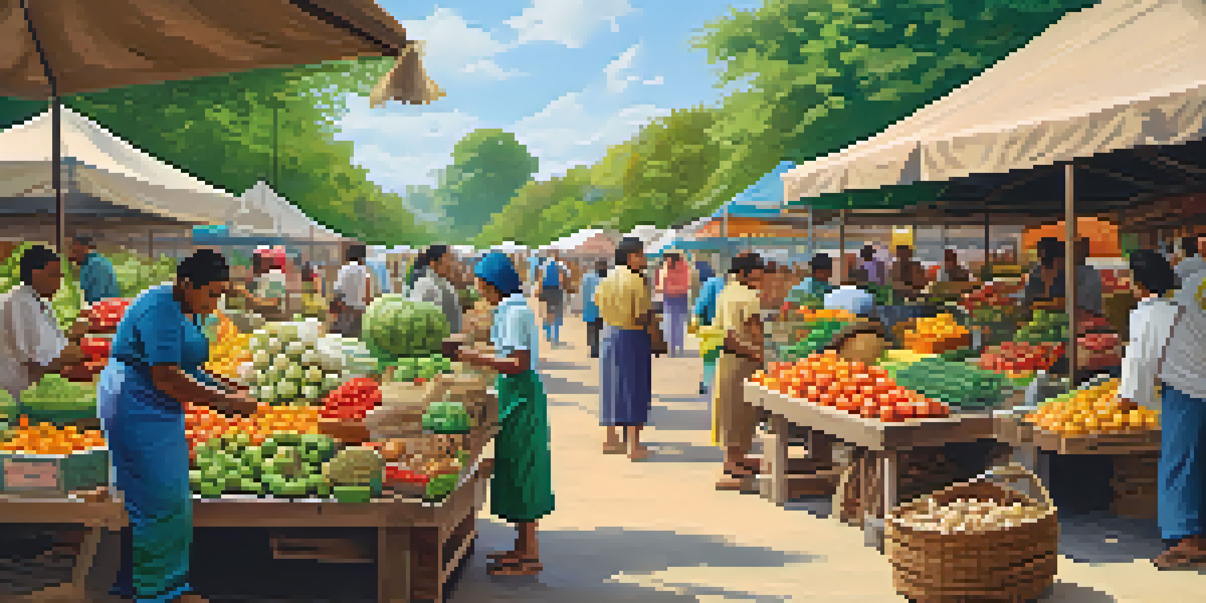 A lively market with vendors selling colorful fruits, vegetables, and handmade goods, surrounded by happy customers and greenery.