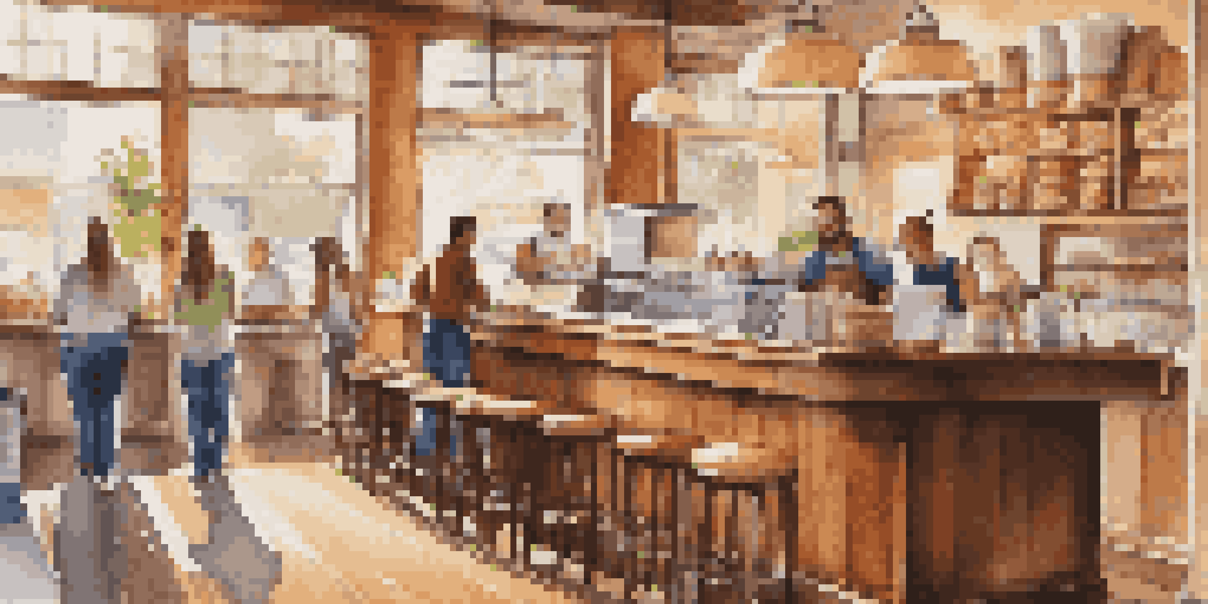 A busy coffee shop with a barista making a latte, surrounded by wooden furniture and bright natural light.