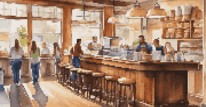 A busy coffee shop with a barista making a latte, surrounded by wooden furniture and bright natural light.