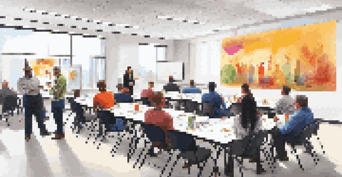 A diverse group of franchisees participating in an interactive training session with a facilitator, colorful materials, and bright lighting.