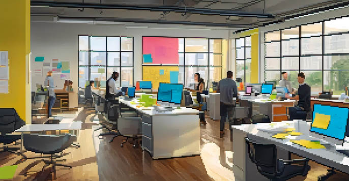 A diverse team of professionals collaborating in a bright modern office, surrounded by laptops and colorful post-it notes.