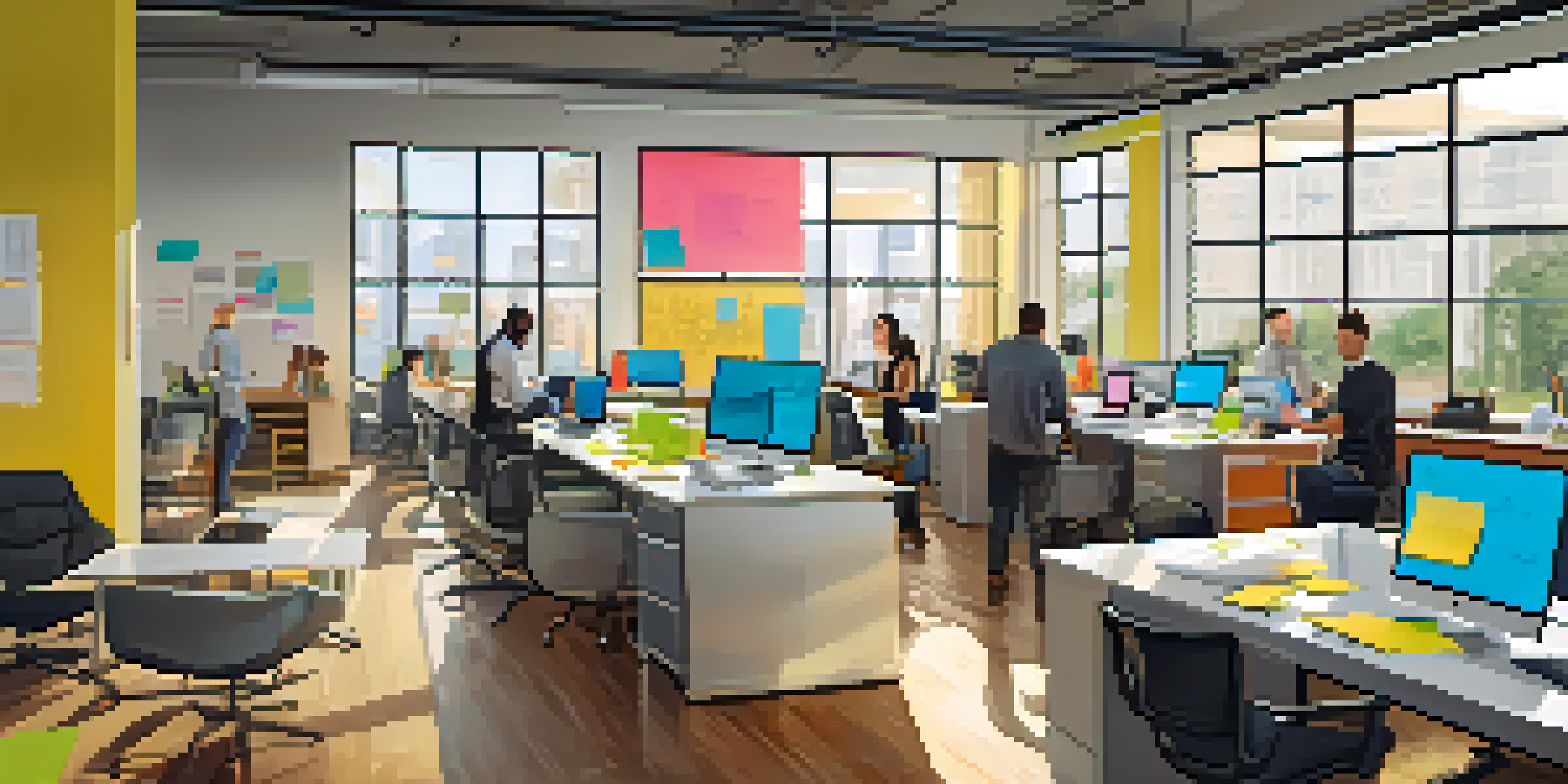 A diverse team of professionals collaborating in a bright modern office, surrounded by laptops and colorful post-it notes.
