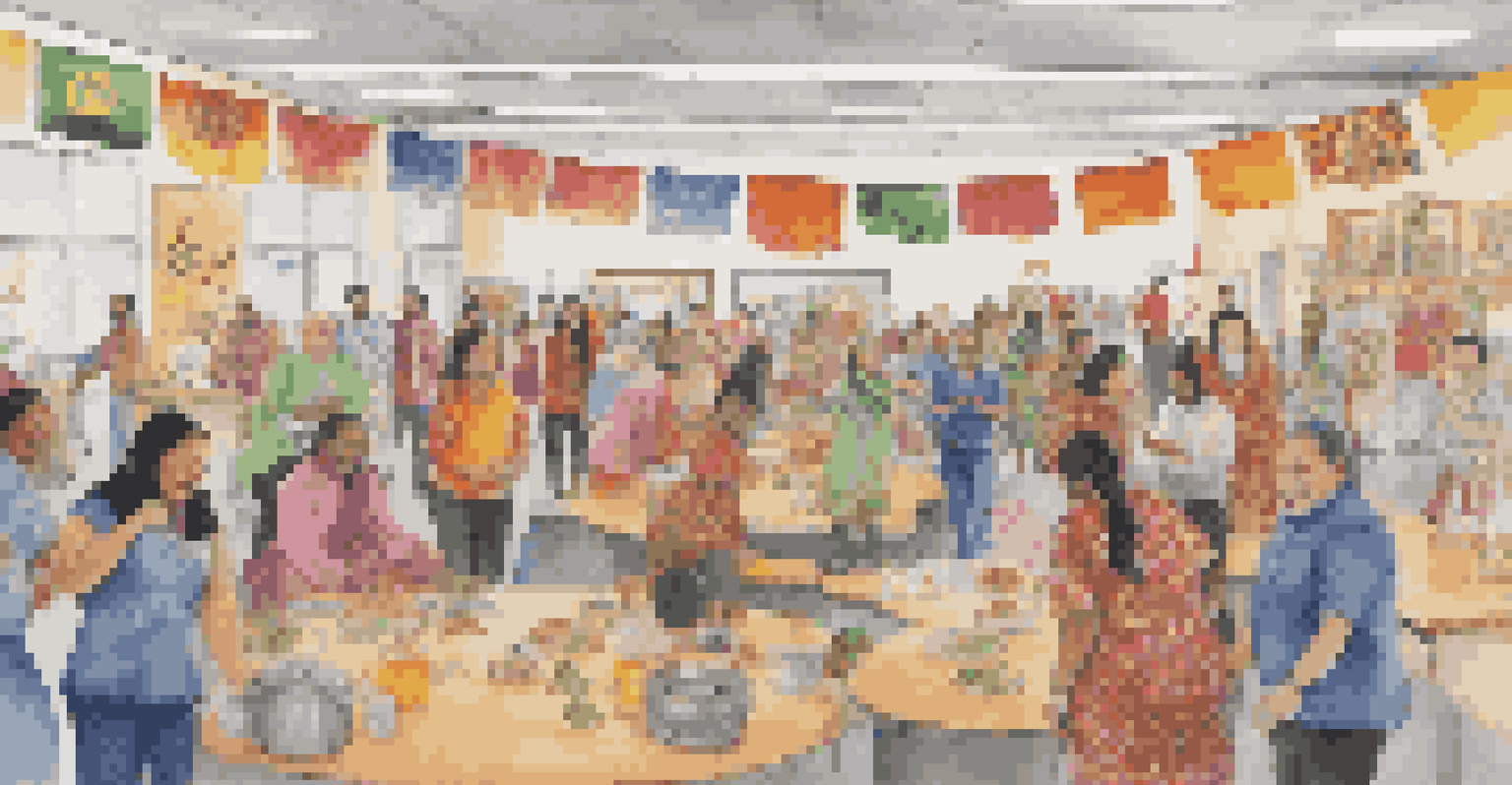 Employees celebrating cultural diversity with traditional attire and food in a festive workplace environment.