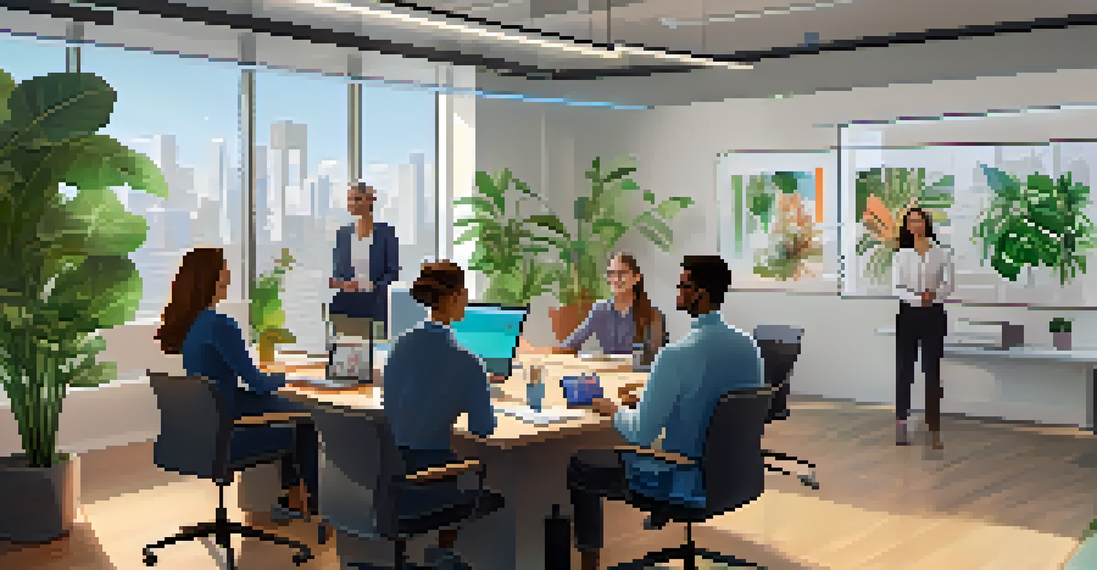 A diverse group of professionals participating in a video conference, with their faces lit by their screens in a modern office setting.