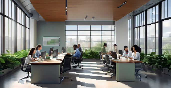 A diverse group of employees in a bright office engaged in a collaborative training session, discussing ideas around a conference table.