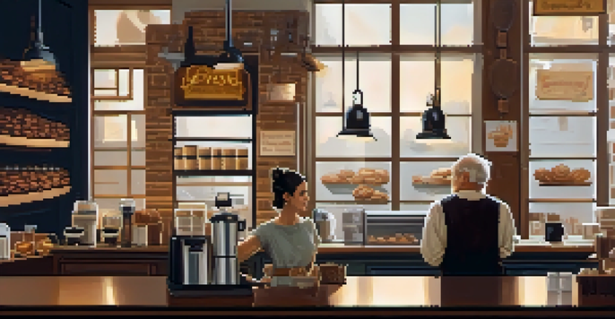 A young female barista in a cozy coffee shop calmly addressing an older male customer, creating a warm and inviting atmosphere.