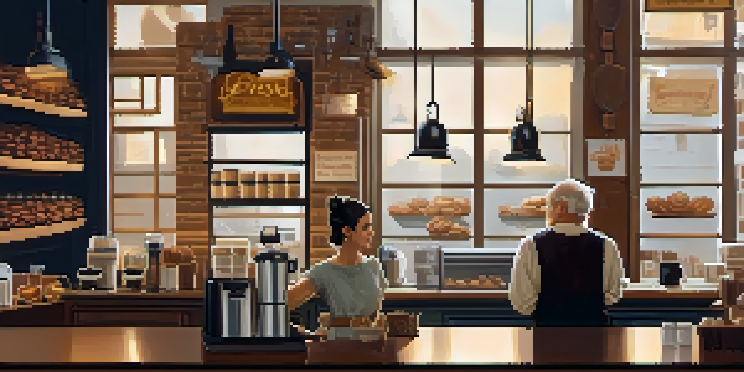 A young female barista in a cozy coffee shop calmly addressing an older male customer, creating a warm and inviting atmosphere.
