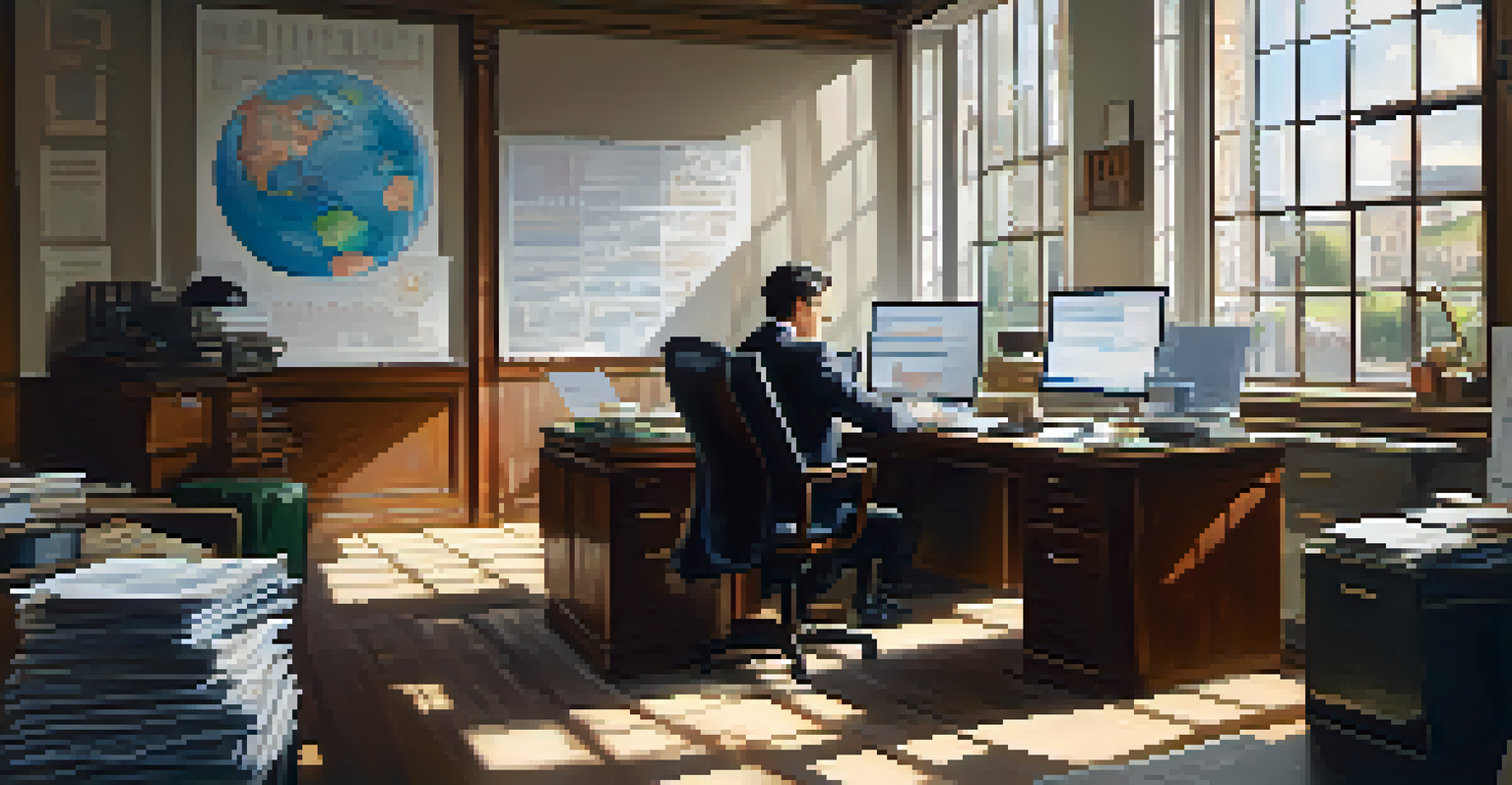 A business professional in an office calculating tariffs and duties, with charts and a globe on the desk.