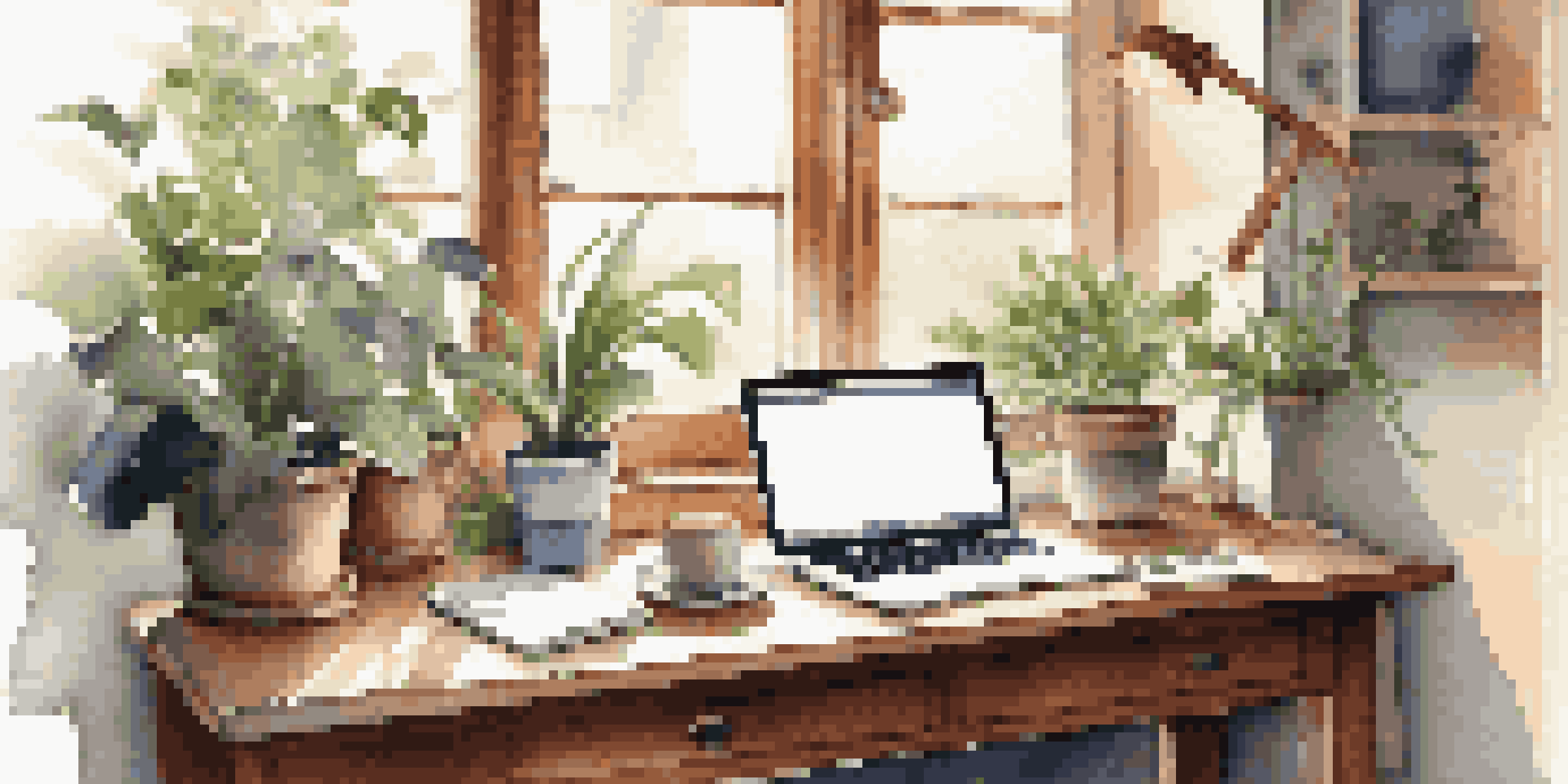 A cozy workspace with a laptop, notepad, and coffee surrounded by plants and sunlight.