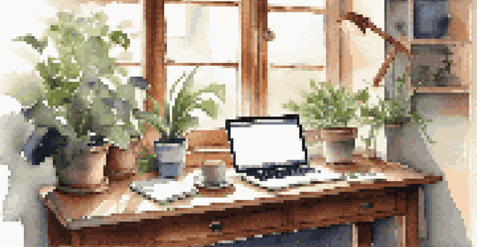 A cozy workspace with a laptop, notepad, and coffee surrounded by plants and sunlight.